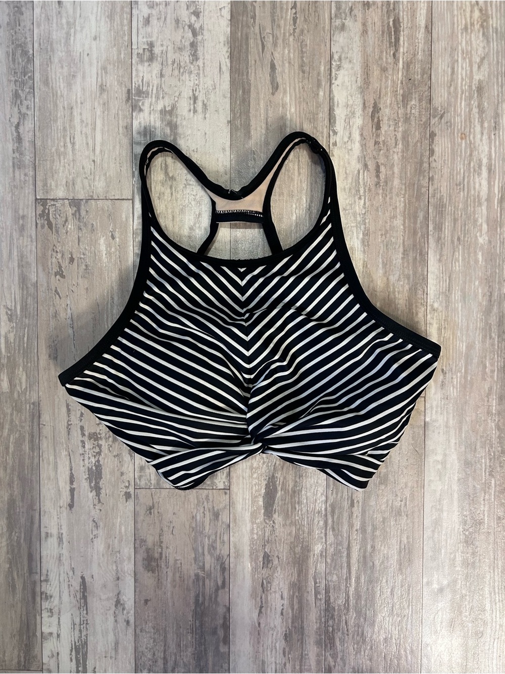 Kona Sol Black and White Striped High Neck Bikini Top With Twist On Bottom Hem